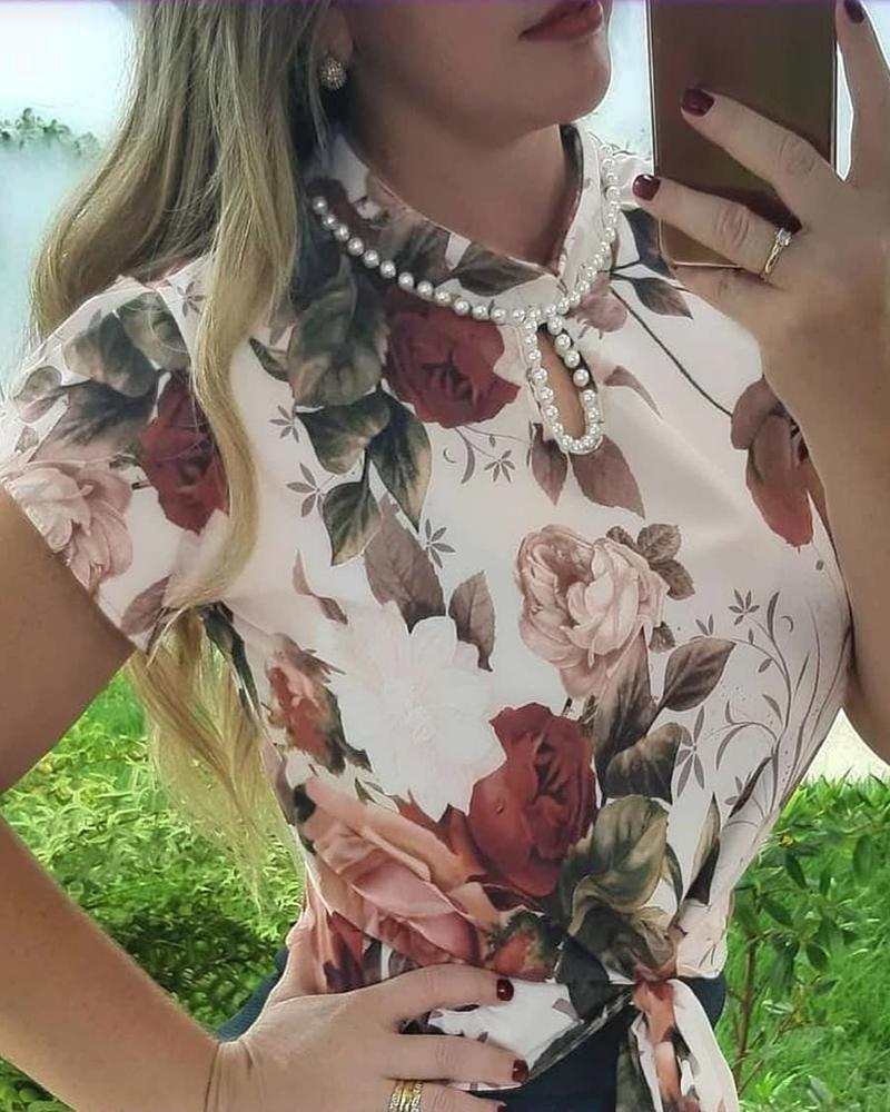 

Floral Print Beaded Tied Detail Top, Multicolor