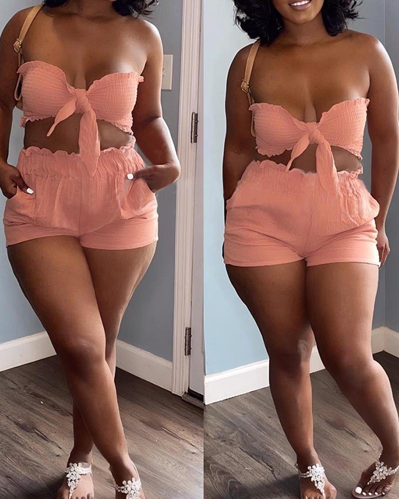 

Tied Detail Shirred Crop Tube Top & Shorts Set, Pink