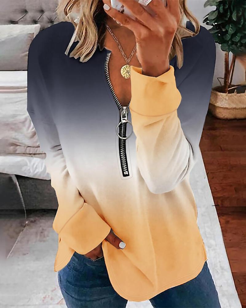 

Ombre Long Sleeve Zipper Design Top, Yellow