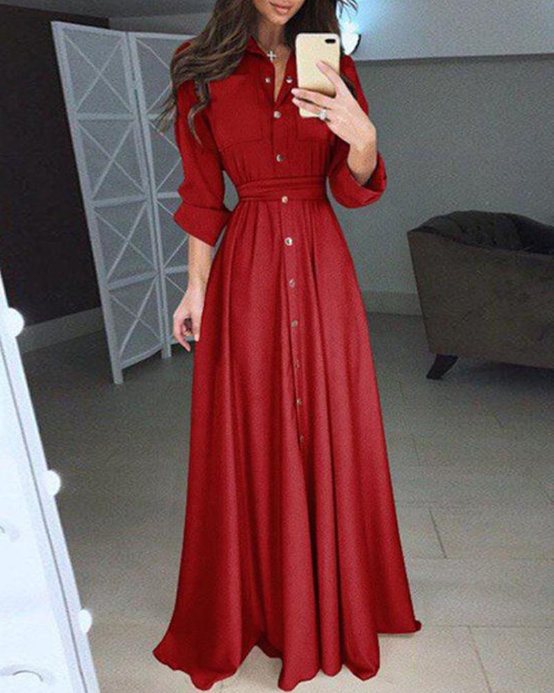 

Button Design Long Sleeve Maxi Women Dress, Red