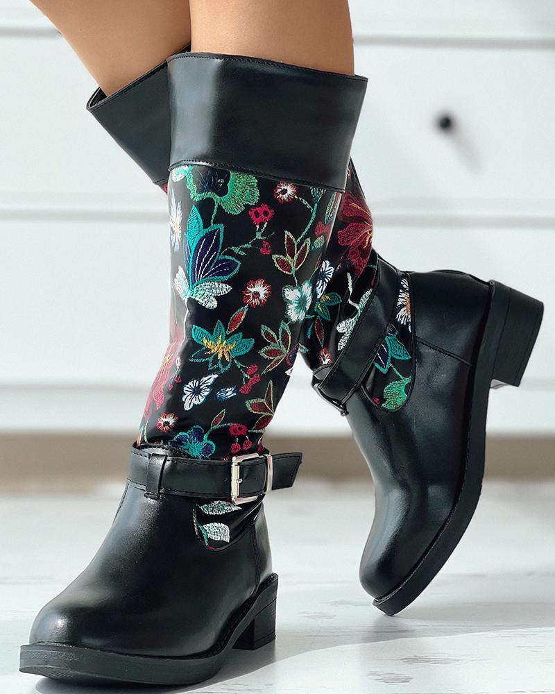 

Floral Embroidery Buckled Martin Boots, Black