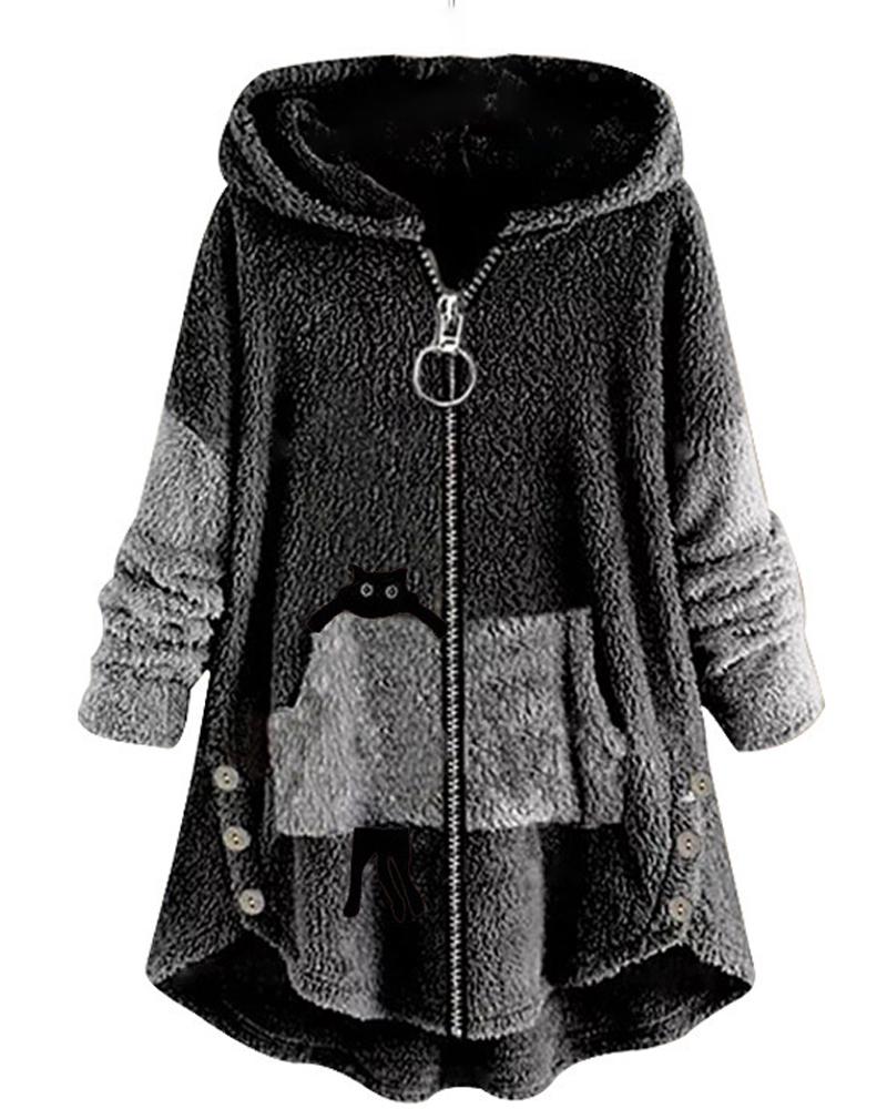 

Cat Print Long Sleeve Hooded Zip Up Teddy Coat, Dark grey