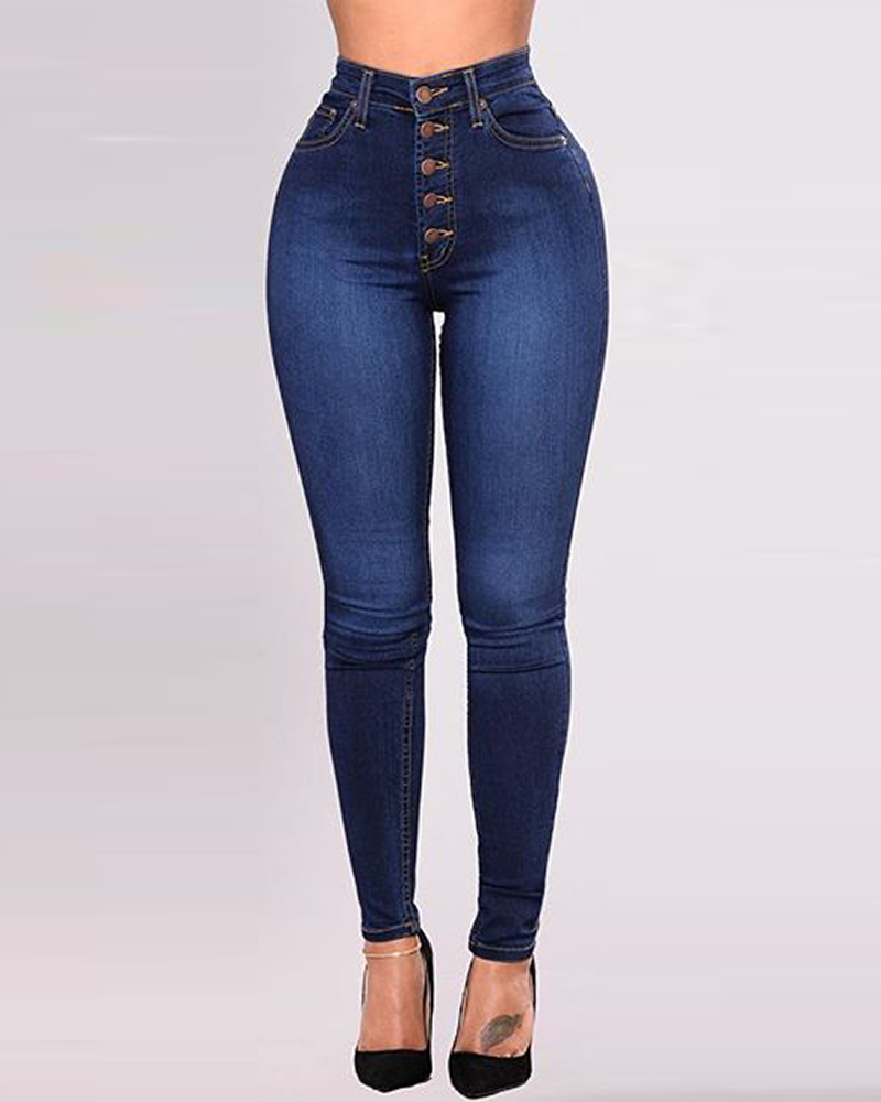 

High Waist Pocket Design Skinny Jeans, Blue