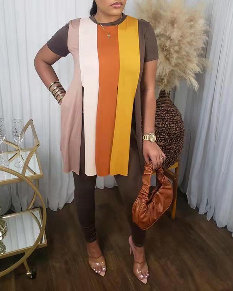 

Striped Colorblock Tassel Design Top & Pants Set, Brown
