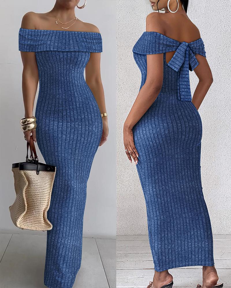 

Off Shoulder Tied Detail Ribbed Maxi Dress Slim Fit Bodycon Dress, Blue