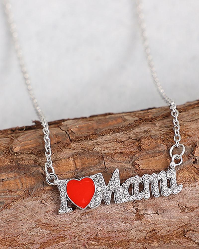 

1Pair Mother's Day Gift Rhinestone I Love Mama Pattern Fashion Pendant Necklace, Silver