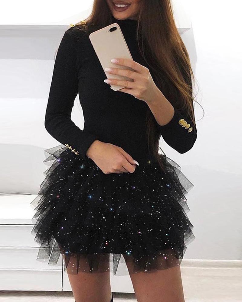 

Long Sleeve Glitter Layered Mesh Dress, Black