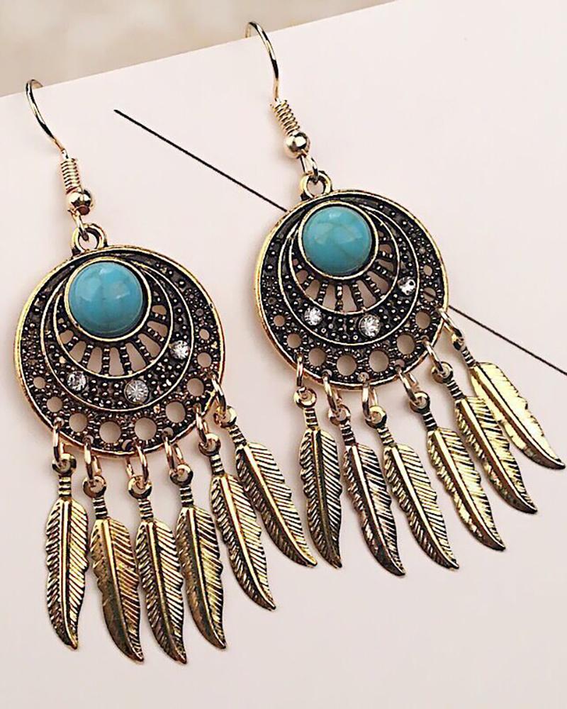 

1Pair Clan Hollow Out Feather Decor Dream Catcher Shaped Drop Earrings, Gold