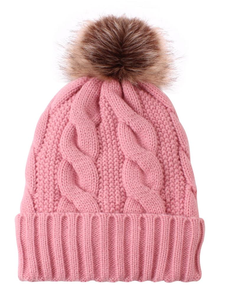 

1pc Pom Pom Decor Cable Knit Warm Fleece Lined Beanie, Pink