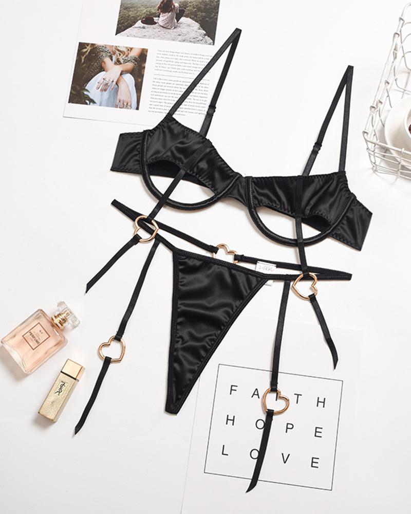 

Sexy Cut-out Splicing Heart-ring Sling Bra Sets, Black