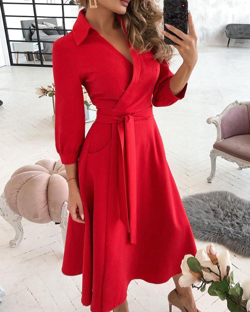 

Lantern Sleeve Casual Shirt Dress, Red