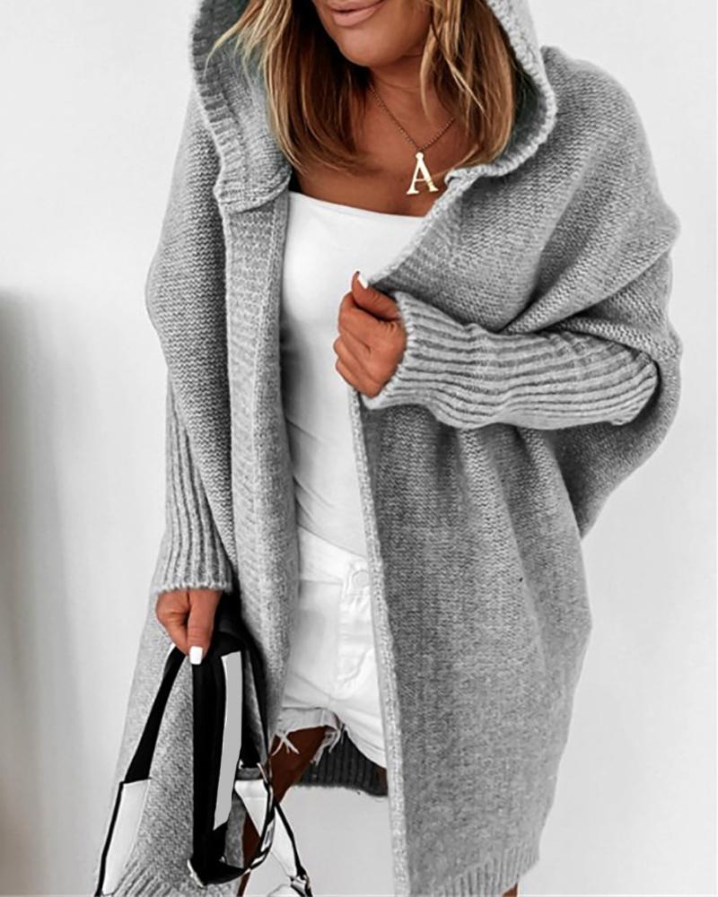

Batwing Sleeve Open Front Hooded Cardigan, Gray