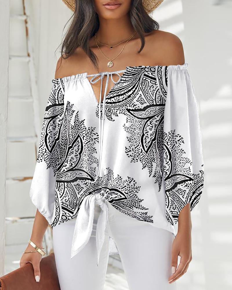 

Graphic Print Tie Front Off Shoulder Top, White