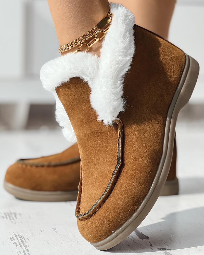 

Fuzzy Trim Lined Ankle Snow Boots, Brown