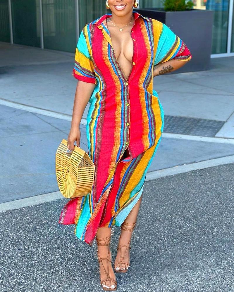 

Rainbow Ombre Turn Down Collar Slit Shirt Dress, Multicolor
