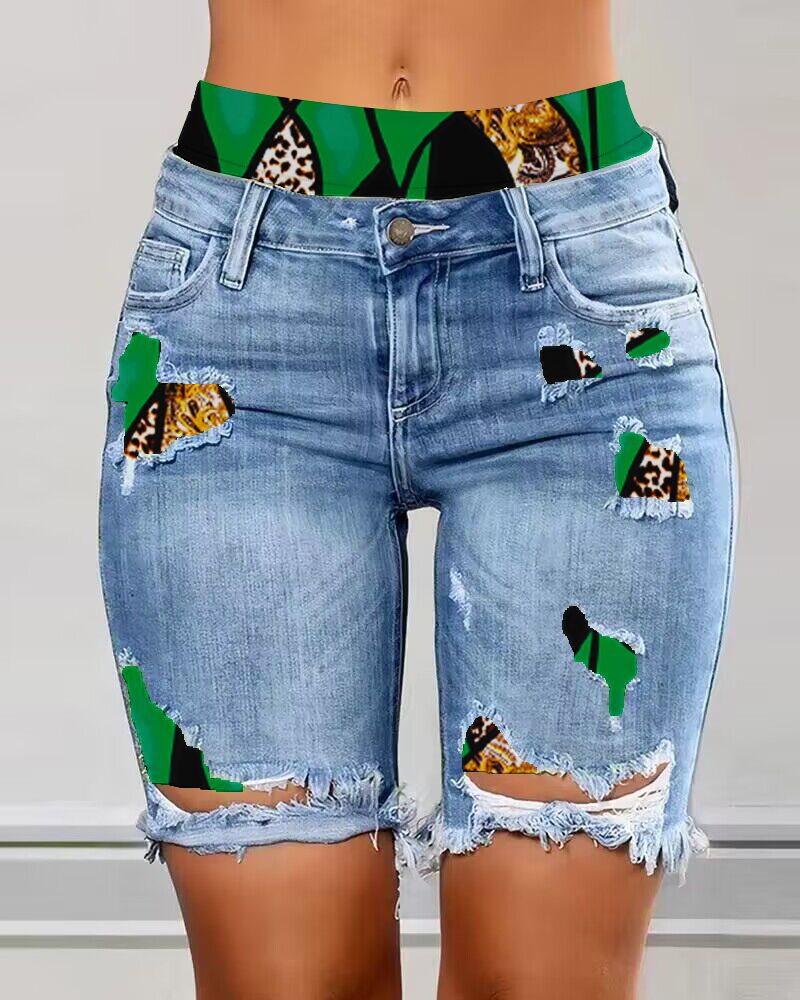 

Baroque Leopard Print Ripped 2-In-1 Denim Shorts, Blue