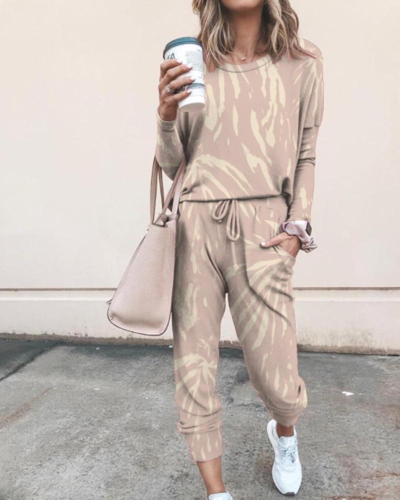 

Tie Dye Print Top & Drawstring Pants Set, Khaki