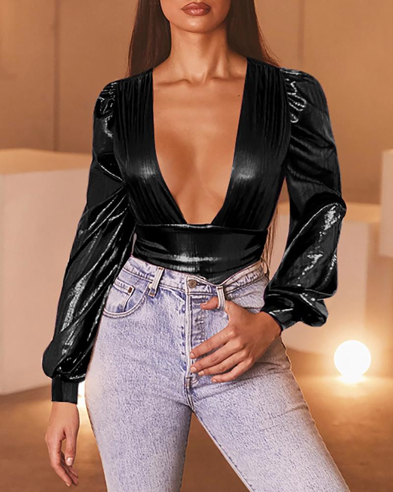

Metallic Lantern Sleeve Plunge Bodysuit, Black
