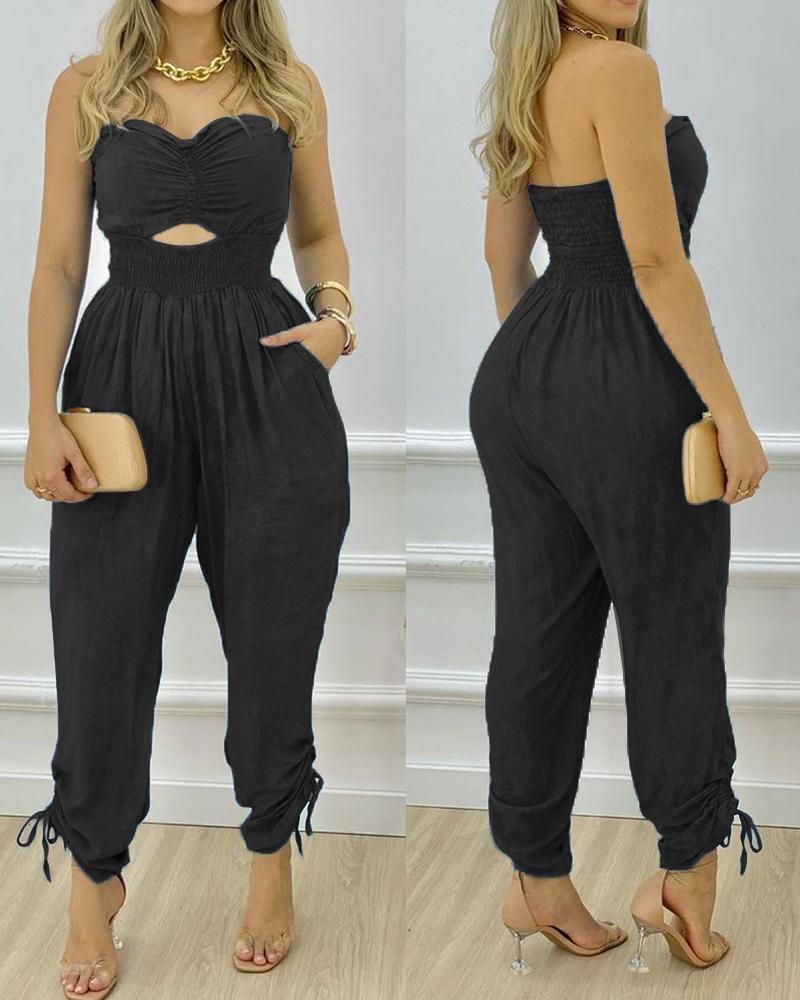

Bandeau Cutout Shirred Pocket Design Jumpsuit, Black