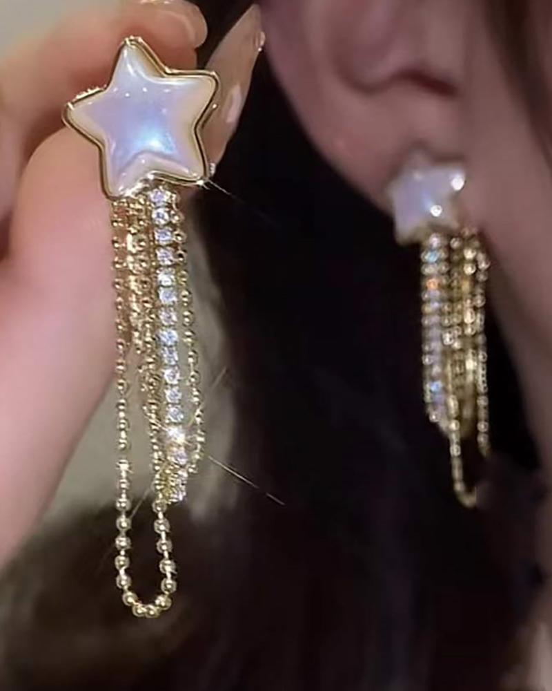 

Star Shaped Tassel Rhinestone Drop Earrings, Gold