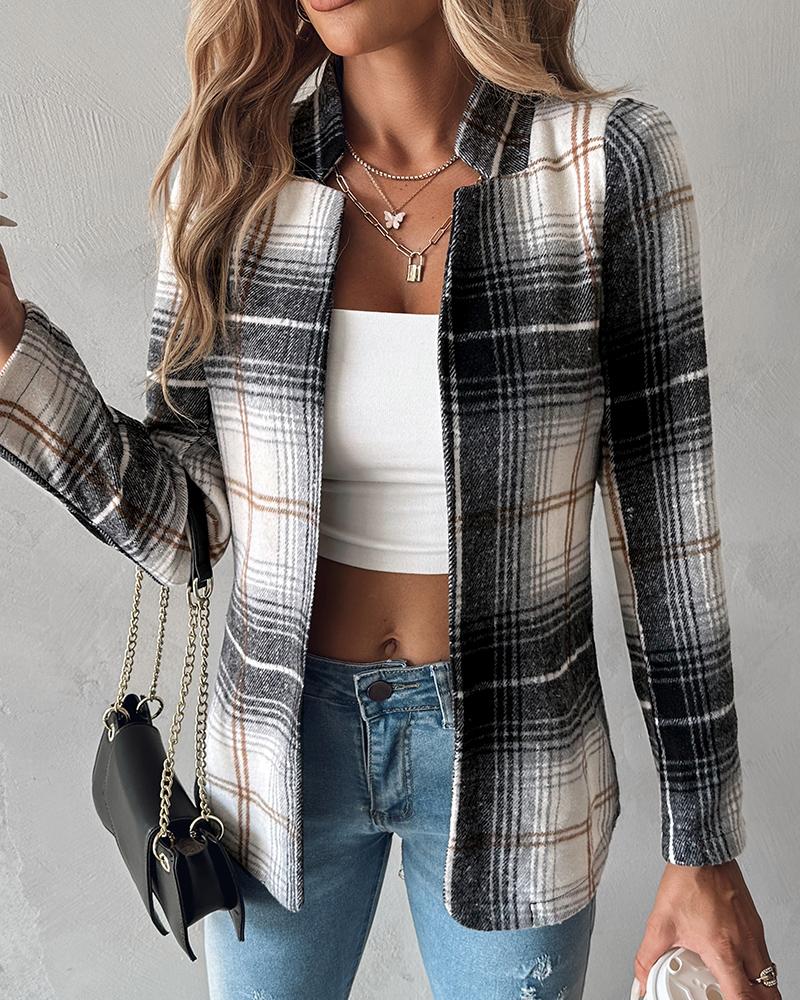 

Plaid Pattern Notched Collar Blazer Coat, Black