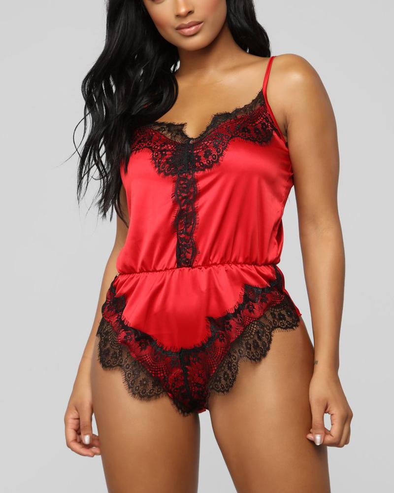 

Contrast Lace V-Neck Satin Teddy, Red