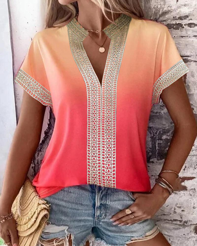 

Lace Patch Buttoned Casual T-shirt, Orange