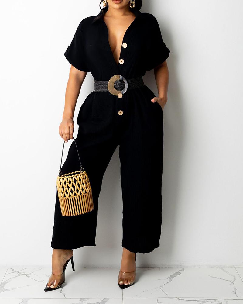 

Solid Button Front Roll Hem Cropped Jumpsuit Short Sleeve Casual Jumpsuit, Black