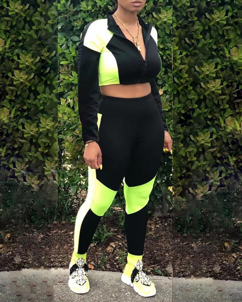 

Colorblock Zipped Crop Top & Pant Sets, Green