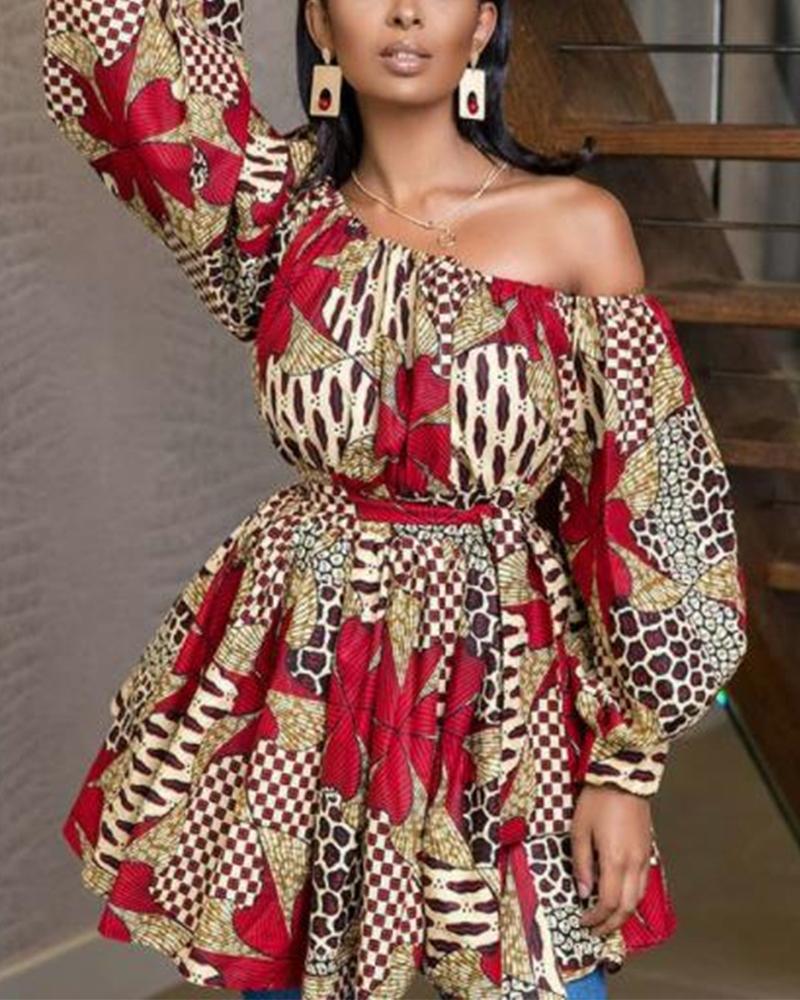 

Retro Patterns Printing Bubble Sleeve Skinny Waist Dress, Khaki