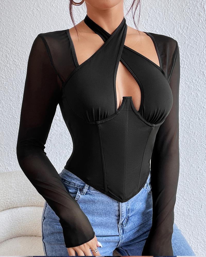

Crisscross Halter Sheer Mesh Long Sleeve Corset Top, Black