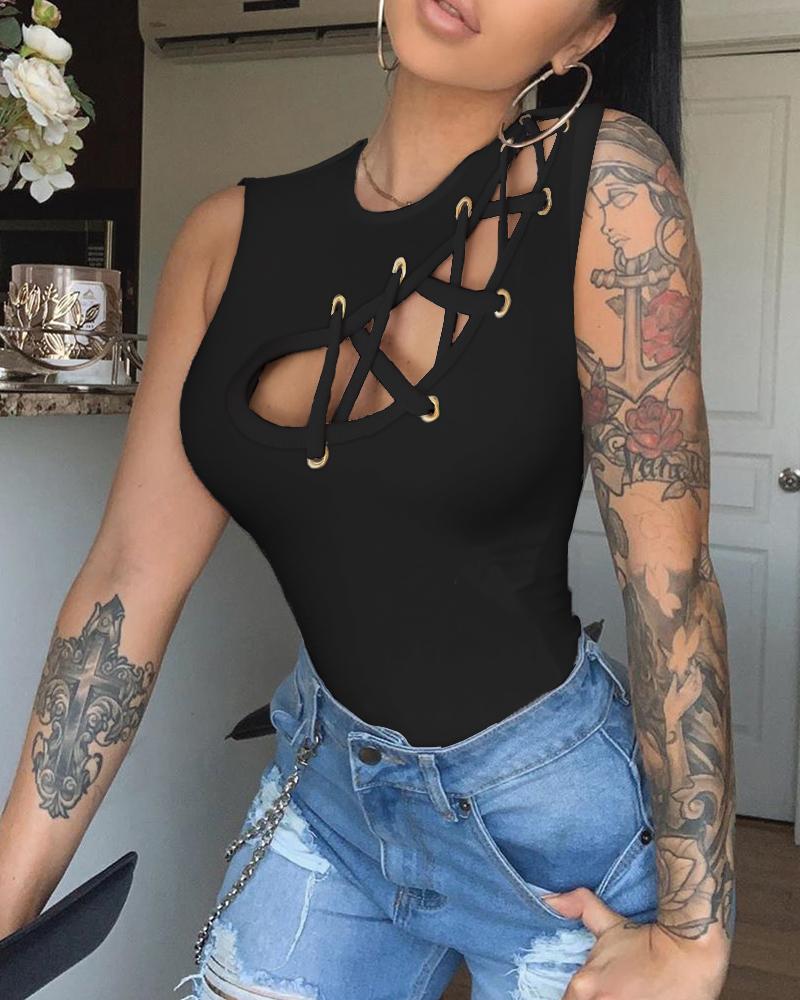 

Eyelet Lace Up Cutout Skinny Tank Top, Black
