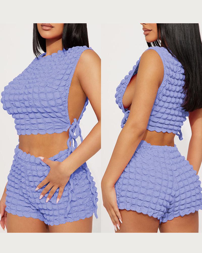 

Bubble Textured Tied Detail Crop Top & Shorts Set, Purple