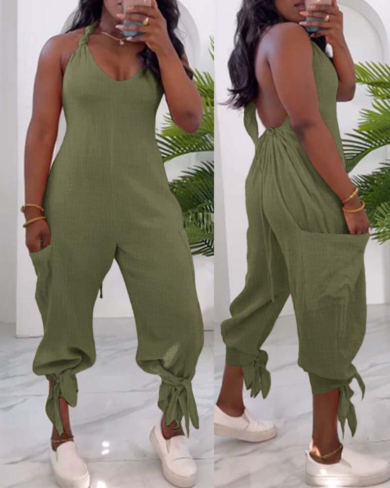 

Halter Tied Detail Pocket Design Jumpsuit, Army green