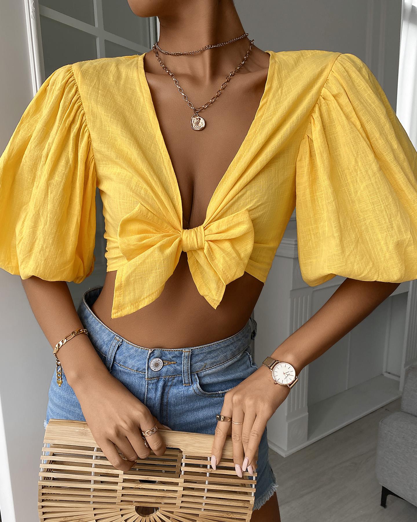 

V-Neck Lantern Sleeve Knotted Crop Top, Yellow