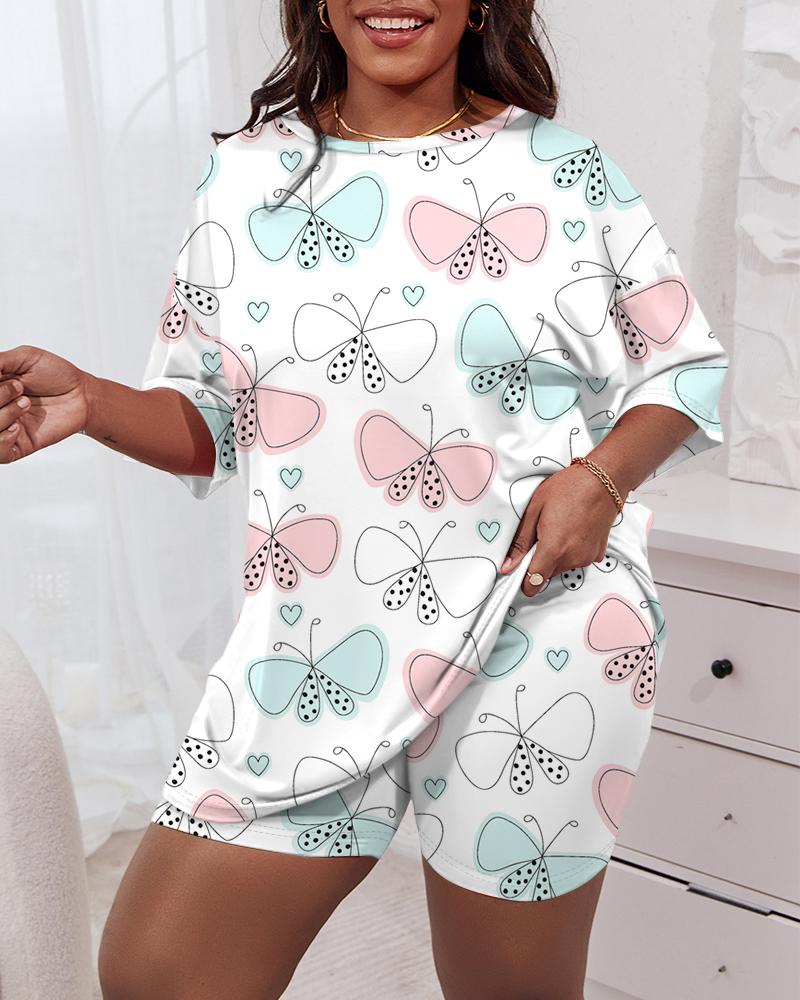 

Plus Size Butterfly Print Short Sleeve Pajamas Set, White