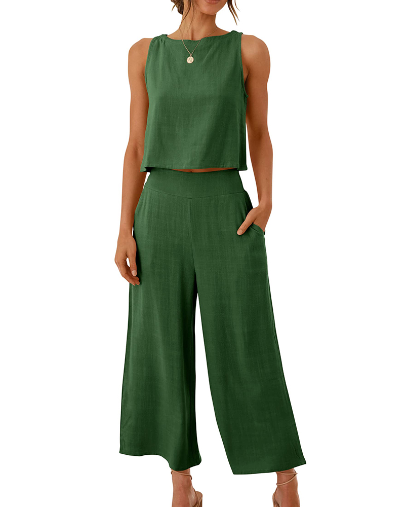 

Round Neck Top & Pocket Design Wide Leg Pants Set, Green
