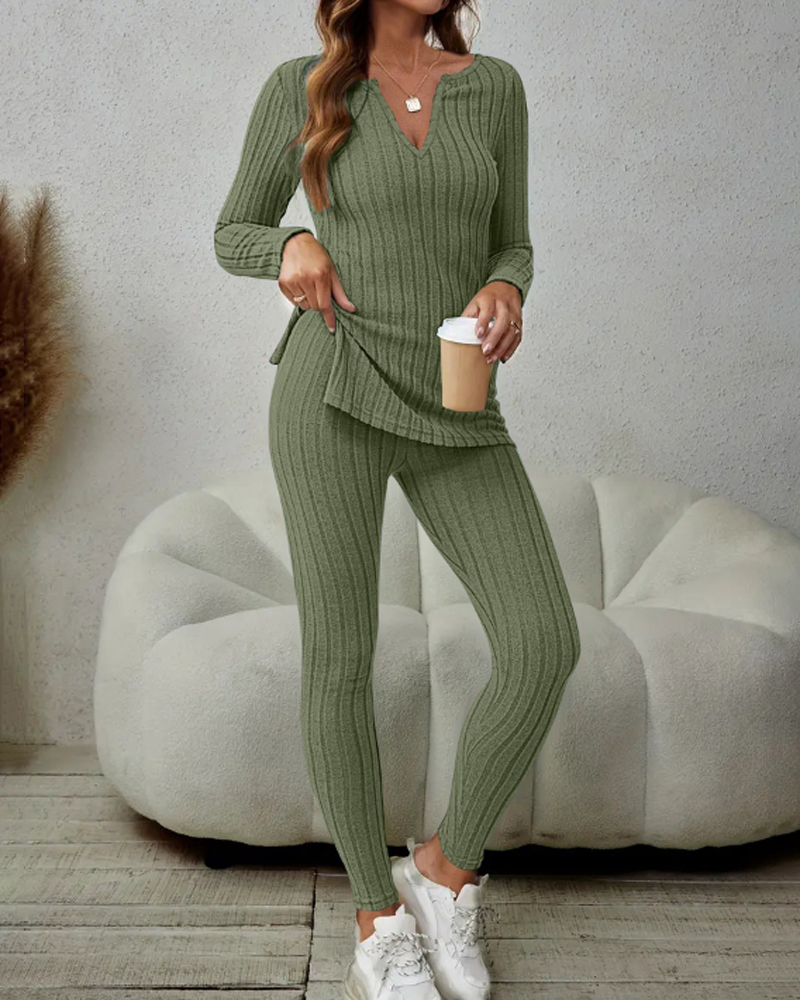 

2 Pieces V Neck Long Sleeve Side Slit Ribbed Top and Casual Skinny Pants Sets, Army green