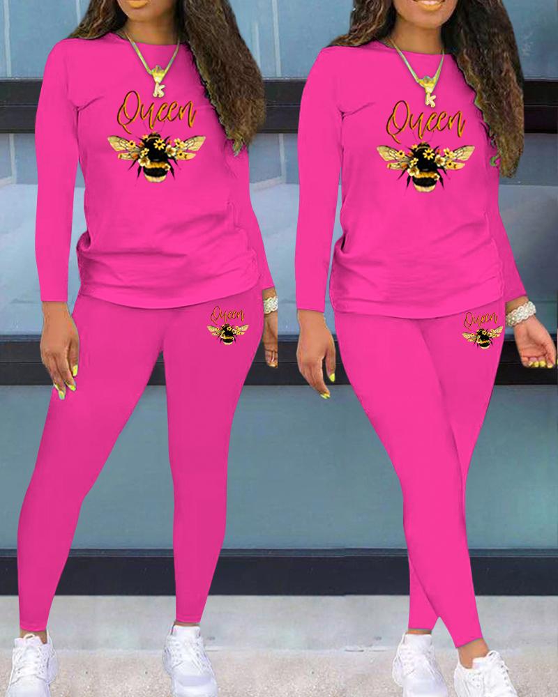 

Letter Bee Print Long Sleeve Top & Pants Set, Hot pink