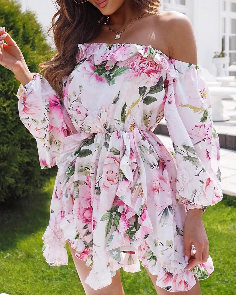 

Off Shoulder Floral Print Lantern Sleeve Ruffles Dress, White