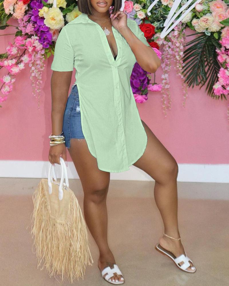 

Short Sleeve Button Design High Slit Shirt, Green