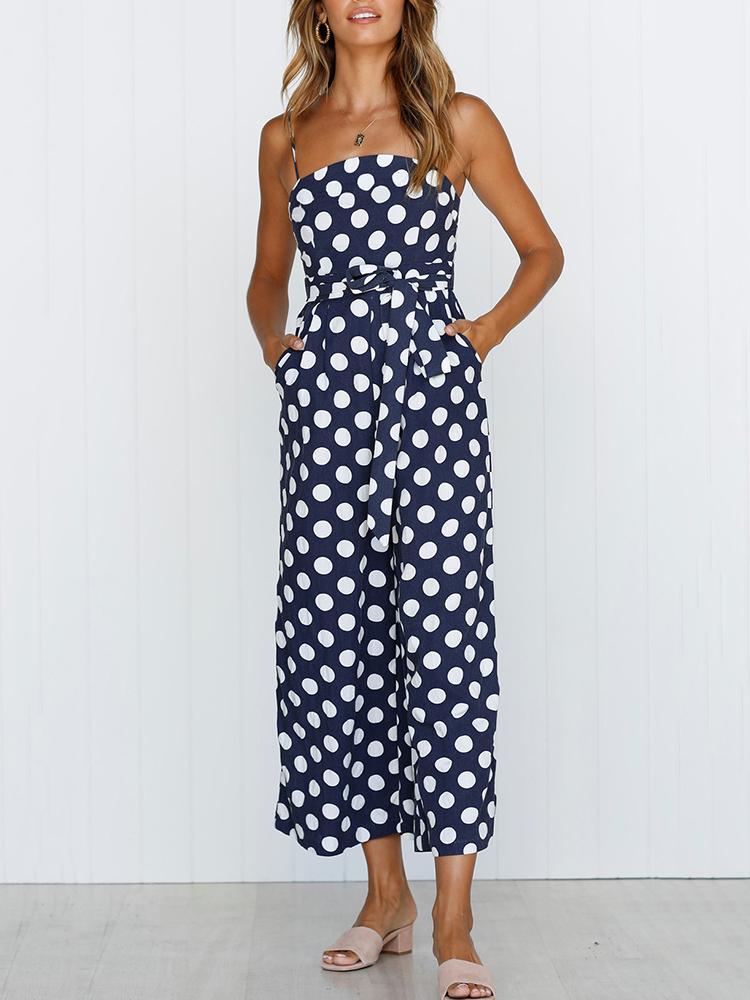 

Dot Spaghetti Strap Tied Waist Wide Leg Jumpsuit, Dark blue