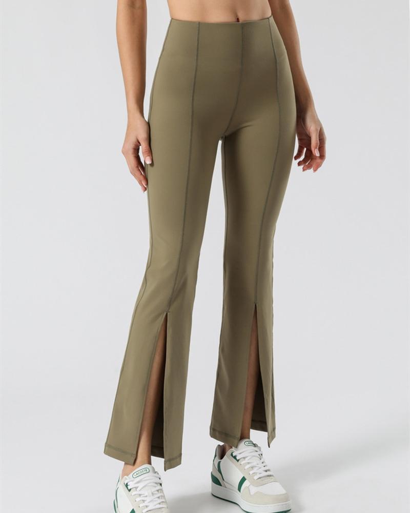 

High Waist Slit Front Butt Lifting Bootcut Dance Pants, Khaki