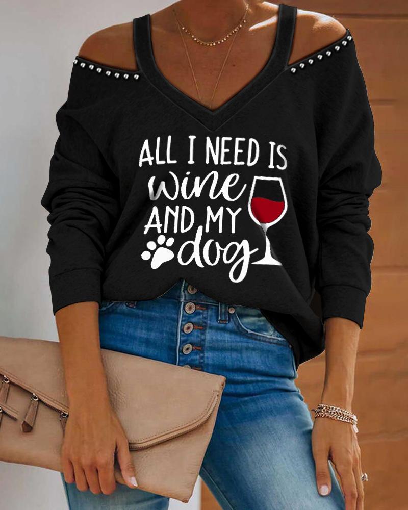 

Letter Wine Glass Print Cold Shoulder Casual Top, Black