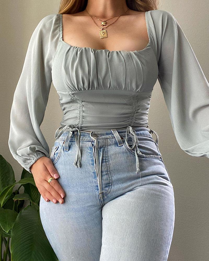 

Lantern Sleeve Ruched Crop Blouse, Gray