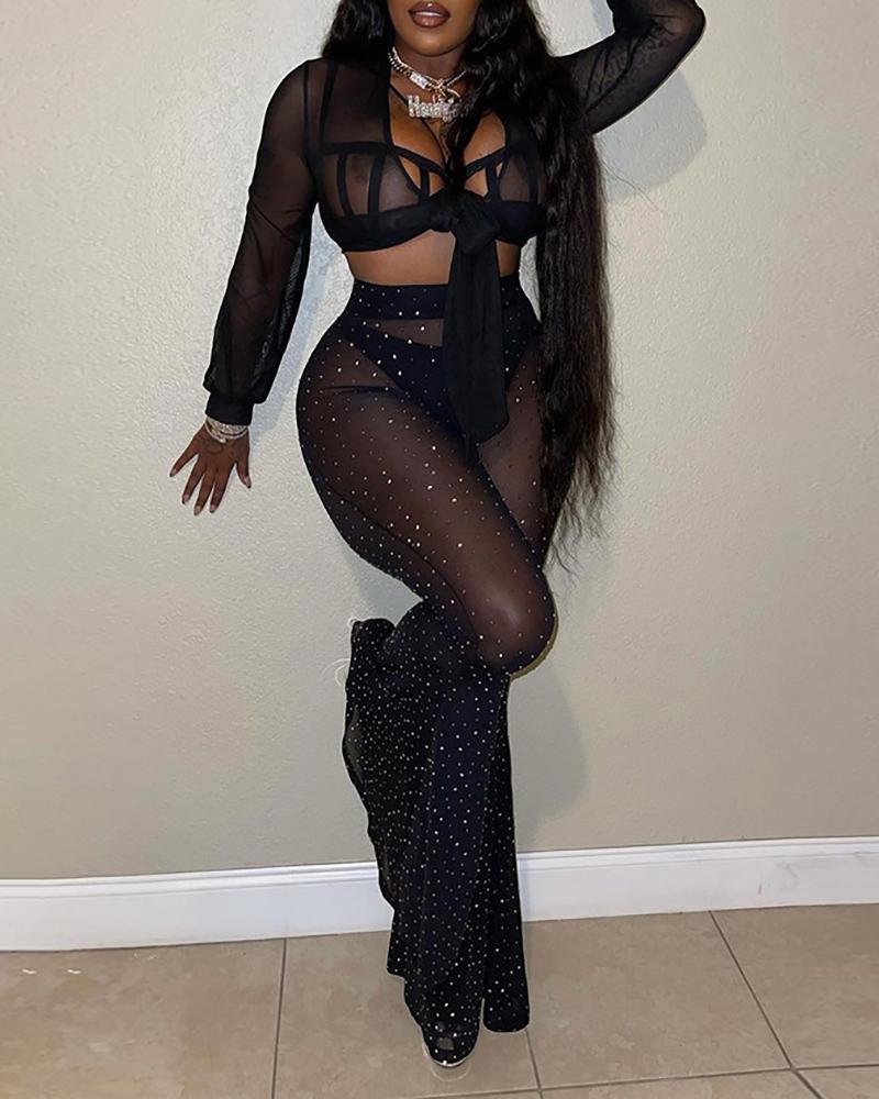 

Tied Detail Sheer Mesh Top & Bootcut Rhinestone Pants Set, Black