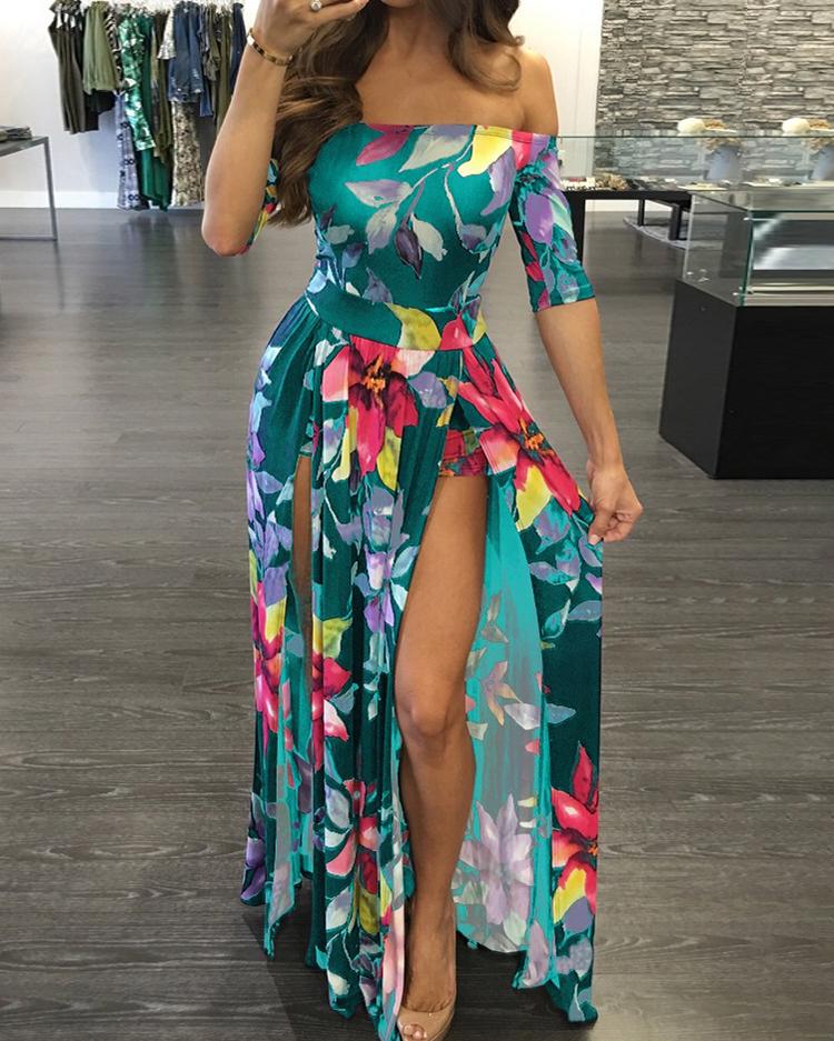 

High Slit Print Off Shoulder Maxi Romper Dress, Green