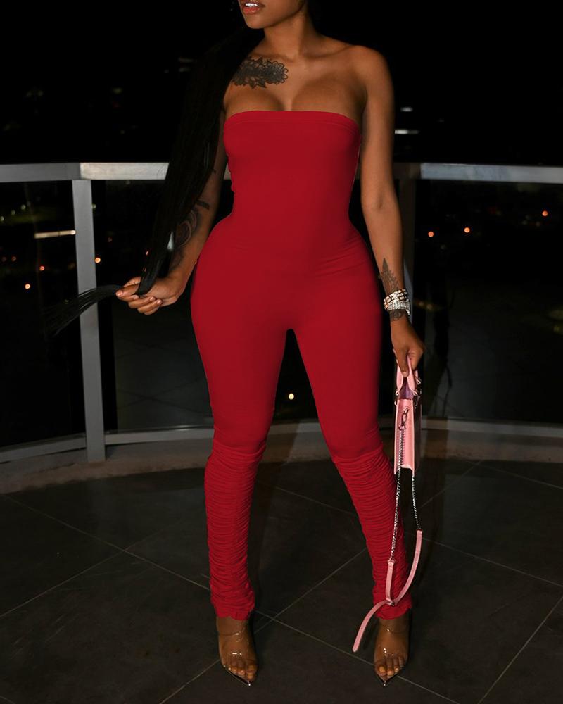

Bandeau Ruched Skinny Jumpsuit, Red