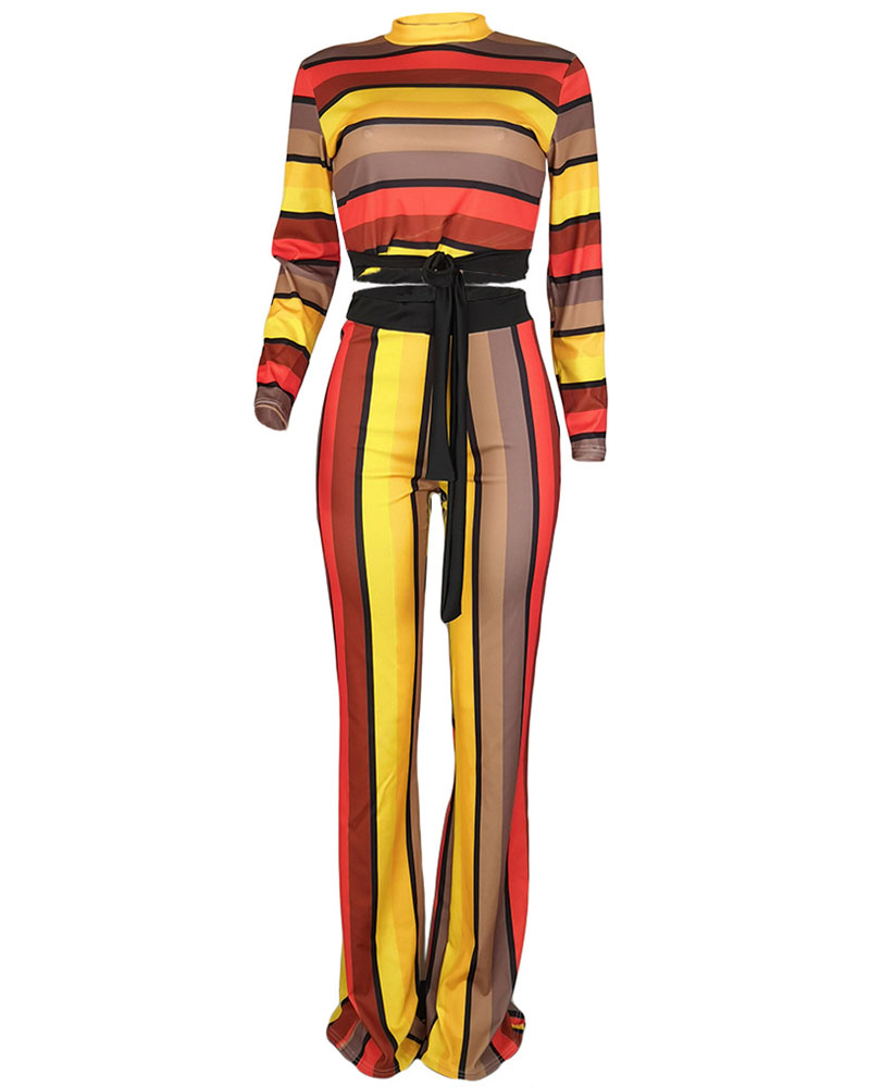 

Striped Long Sleeve Tied Detail Crop Top & Pants Set, Yellow