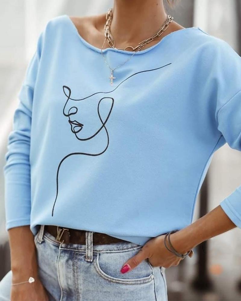 

Abstract Figure Print Drop Shoulder Top, Blue